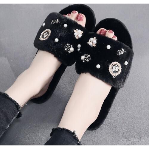 Confinement plush slippers warm in winter indoor elegant decoration cotton drag cute plush female dormitory short plush slippers