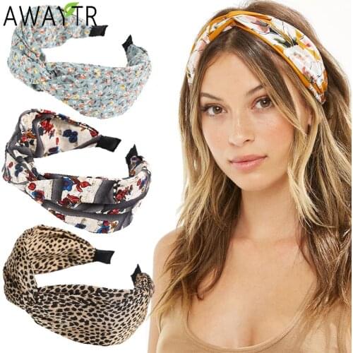 AWAYTR Fashion Printing Leopard Headband Wide Cross Women Hairband Elastic Bow Hair Hoop Bands Bezel Knot Girls Hair Accessories
