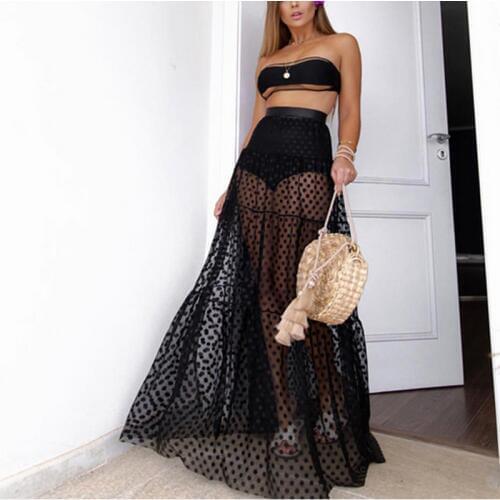 Women Mesh Sheer Maxi Skirt Wrap Skirt Beach Tulle See Through Dress Beachwear Swimwear Bikini Wear Cover Up Lace Crochet Dress