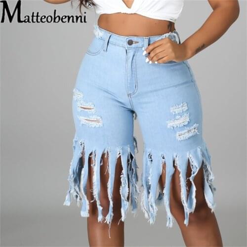 Sexy Ripped Hole Knee Length Tassel Baggy Denim Shorts Women Loose Straight Short Jeans 2021 Summer Plus Size Shorts Streetwear
