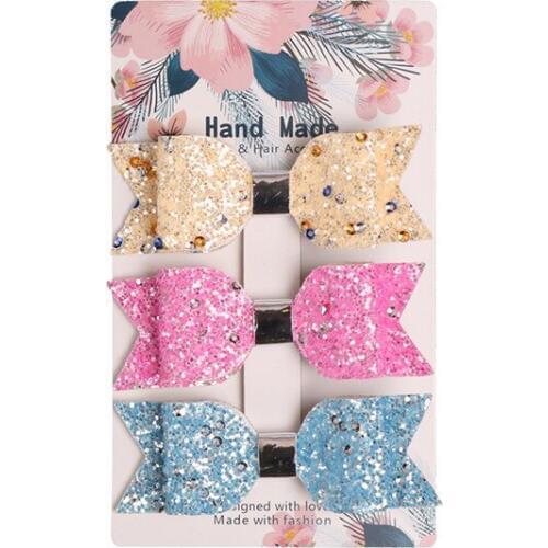 2019 Newborn Pu Leather Bows Hair Clips Girls Glitter Leather Bow Hair Clips with Rhinestones,Children Headwear 36pcs=12sets
