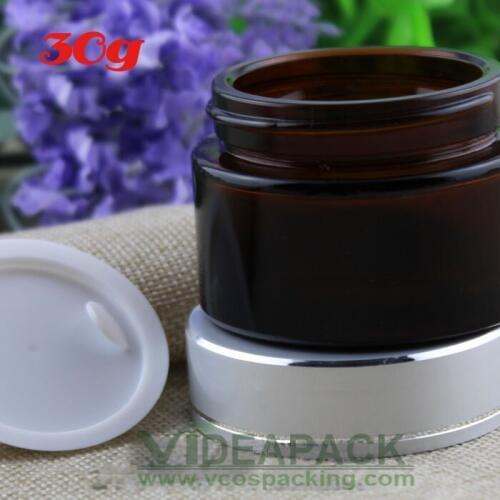 50pcs 30g Brown glass jar / BB CC Cream Empty Bottle / cosmetic container gold silver aluminum cover