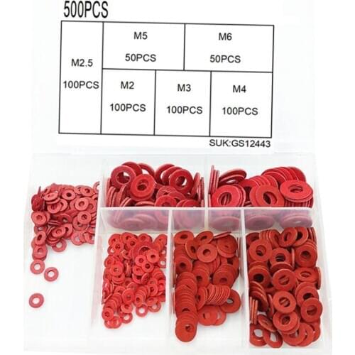 500pcs 6 Sizes Red Steel Paper Fiber Flat Washer Kit Insulation Washer Gasket Nut & Bolt Set Flat Ring Seal Assortment Kit