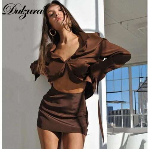 Dulzura 2021 Autumn Winter Women Satin 2 Piece Turn Down Collar V Neck Long Sleeve Cardigan Mini Skirt Set Matching Outfit Party