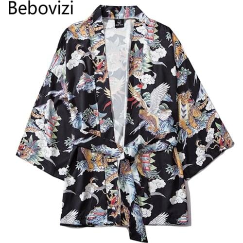 Bebovizi Chinese Style Kimonos Dragon Tiger Eagle Print Japanese Kimono Cardigan Cosplay Shirt Blouse for Women Men Yukata
