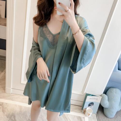 Lisacmvpnel Hollow Lace Sexy 2 Pcs Robe Set Rayon Women Bathrobe Blackless Spaghetti Strap Nightgown Loose Size Women Cardigan