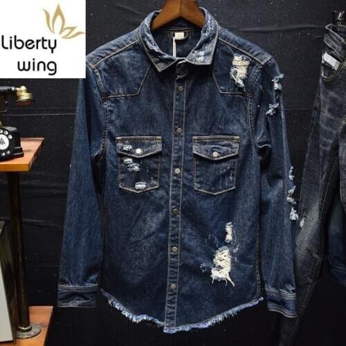 Camisa Masculina Spring Fasahion Mens Shirt Casual Slim Fit Blouse Hip Hop Hole Ripped Jeans Shirts Man Long Sleeve Blusas