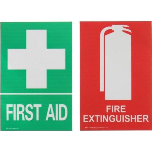First Aid Fire Extinguisher PVC Sticker Sign Decal Set for Survival Emergency Urgent and Outdoor Safety 2 Pcs