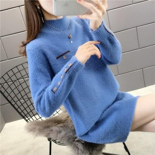 OHCLOTHING XH 60830 winter womens mid long slim imitation mink wool knitted long sleeve button sweater 45