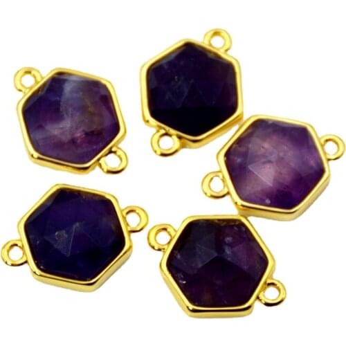Wholesale faceted amethysts Hexagon shape Gem stone connector gold plating setting jewelry charms purple crystal stone findings