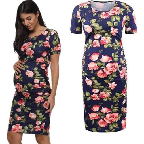 Maternity Sleeveless Knee Length Printing Side Ruched Dresses Women Pregnancy Clothing Flattering Soft Photo Shoot Dresses Home