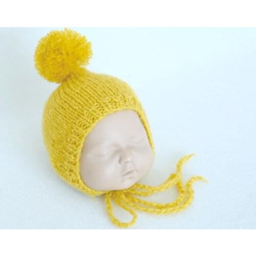 Pompom Hat Newborn Knit Mohair Bonnet Photography Props Crochet Fluffy Pom Pom Bonnet Baby Photo Props