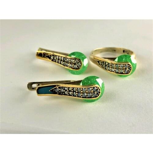 Silvery green round stone ring 17 elegant white stone earring on top of elegant 17 white stone 2 rings +1 piece straling silver