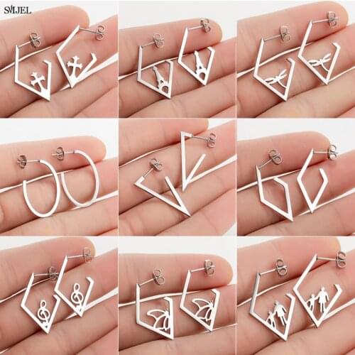 Punk Stainless Steel Earings Fashion Jewelry Round Triangle Ear Studs Cross Star Dragonfly Music Stud Earrings Pendientes Gifts