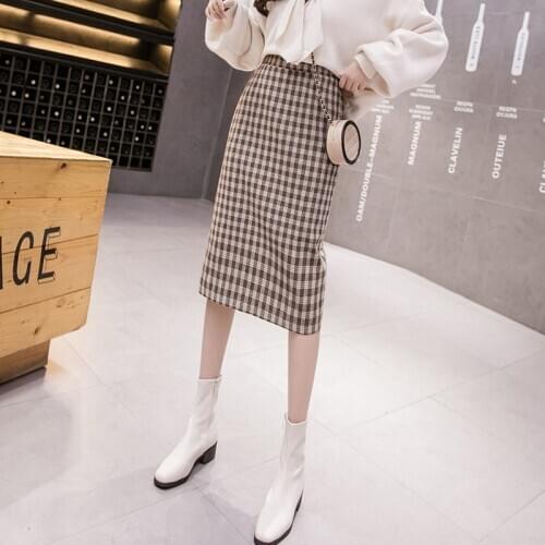 Elastic High Waisted Plaid Woolen Skirt Womens Autumn Winter Back Split Straight Tube Mid Buttock Skirt Women Long Warm Skirts