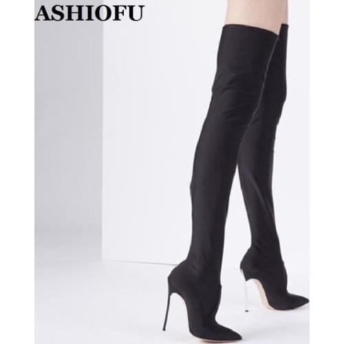 ASHIOFU Handmade Womens High Heel Boots Black Shinny Thigh High Boots Party Prom Evening Fashion Long Boots Court Shoes MH1388-1