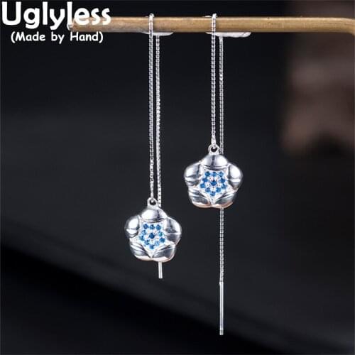 Uglyless Blue Zircons Crystals Plum Blossom Ear Lines for Women Romantic Flower Earrings Real 925 Sterling Silver Brincos Bijoux