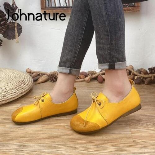 Johnature Genuine Leather 2021 New Lace-Up Flats Women Shoes Shallow Concise Round Toe Casual Handmade Concise Ladies Shoes