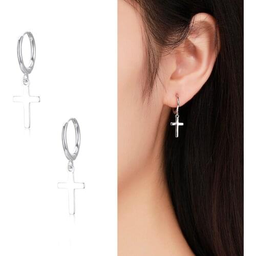 Cute 925 Sterling Silver Small Circle Loop Cross Drop Dangle Earrings For Women Girls Jewelry Pendiente Aros Oorbellen Orecchini