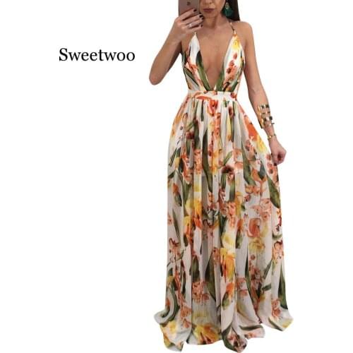 Bohemia Summer Rainbow Striped Print Maxi Dress Women Sexy Deep V-Neck Hollow Out Backless Sling Beach Dresses Sundress