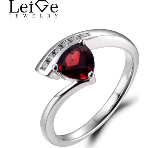 LeiGe Jewelry Natural Red Garnet Engagement Rings January Birthstone Trillion Cut Gems Ring 925 Sterling Silver Elegant Rings
