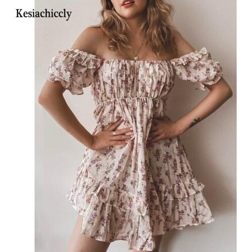 Kesiachiccly Women Floral Print Dress Elegant Puff Sleeve A-Line Dress Elastic Waist Work Wear Office Lady Ruffles Dress 2021