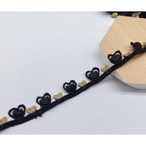 3 Yards/lot Width 1.5cm Water Soluble Milk Silk Black Gold Thread Heart Shaped Embroidered Lace Trim Ribbon Clothing for Sewing