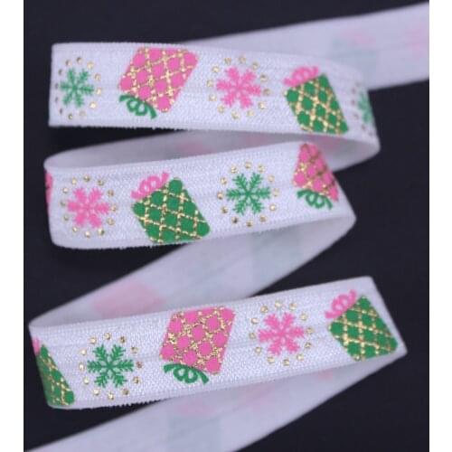 5/8'' gold foil + ink Christmas snowflake gift FOE fold over elastic