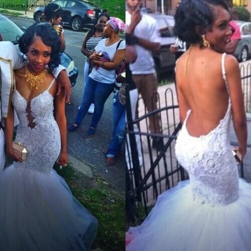 White Mermaid Wedding Dresses Spaghetti Strap Backless Tulle Lace Bridal Gowns