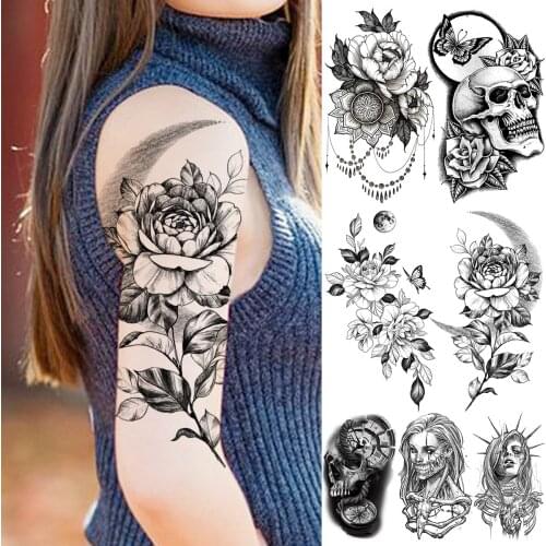 Large Moon Rose Flower Moon Temporary Tattoos For Women Girls Realistic Skull Face Compass Fake Tattoo Sticker Arm Tatoos Thigh