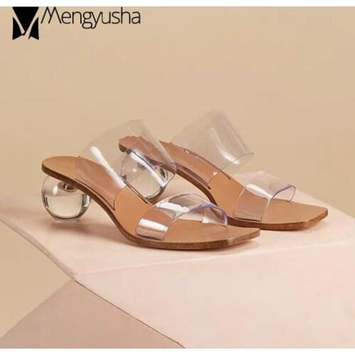 Famous designer crystal ball heels sandals women double band transparent sandalias mujer sexy clear pvc party slides shoes woman
