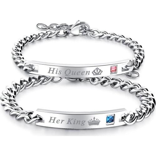 Cyue European Stainless Steel Couple Queen King Bracelet Chain With AAA Blue Pink CZ For Women Men Jewelry