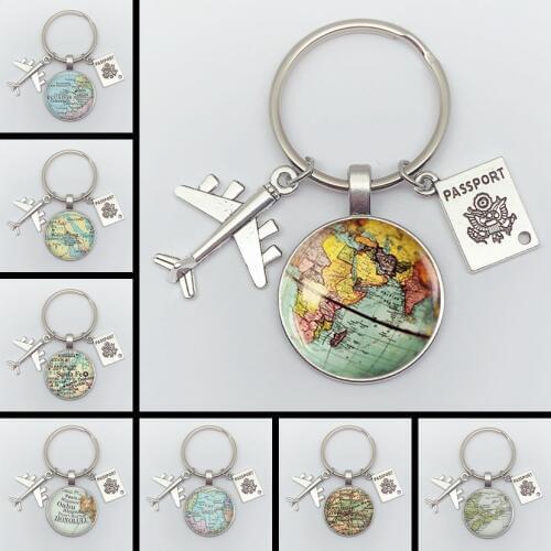 World Map Keychain Travel Exploring Glass Dome Cabachon Aircraft Charm Pendant Keychain Mens and Womens Gift Jewelry Keychain
