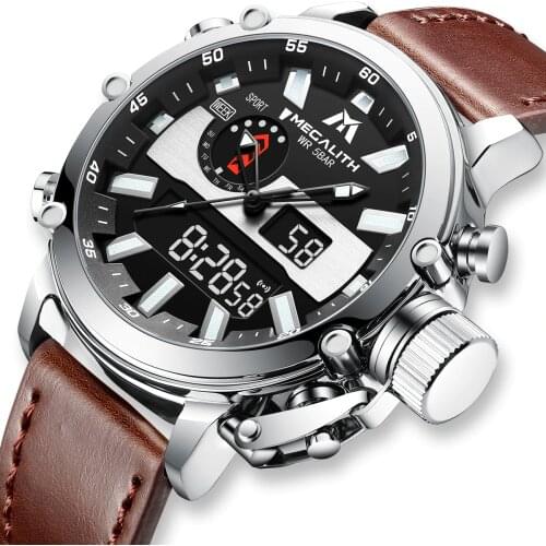 Wholesale Price MEGALITH Quartz Watches Men Multifunction Date Week Dual Display Waterproof Sport Leather Strap Man Watch 8229