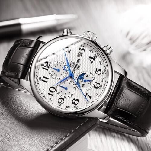 Carnival Mechanical Watch Mens Automatic Watch Mens Business Fashion Watch Genuine Leather Moon phase Waterproof Men Watch