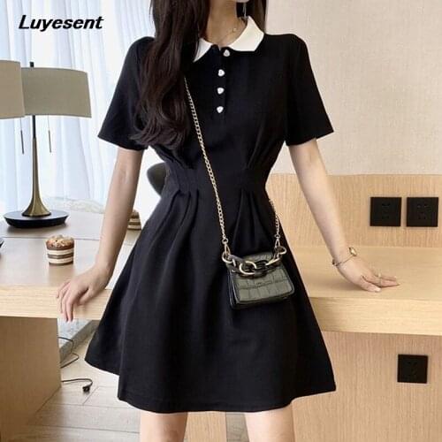 Black Elegant Korean Fashion Lady Dress A-line Lapel Collar Button Mini Dresses High Waist Short Sleeve Midi Pullover Clothes