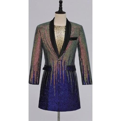 Colorful sequined long suit mens jacket male youth large size green fruit collar slim magician host dress платье пиджак singer
