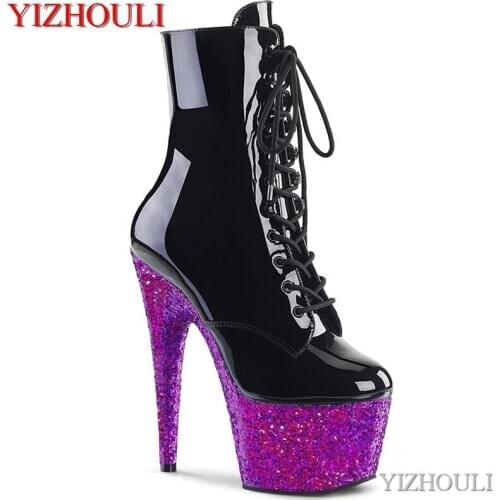 Pole dancing performance, flash material bag with waterproof platform, 15cm high ankle boots, sexy model dancing shoes