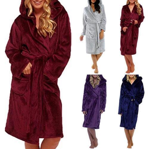 Flannel Hooded Bathrobe Plus Size Women Solid Color Warm Bath Robe Dressing Gown Sleepwear Kimono Robes Sleepwear Lounge Set