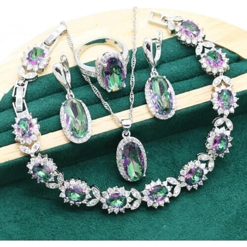 Rainbow Topaz 925 Sterling Silver Jewelry Sets For Women Bracelet Earrings Necklace pendant Ring Classic Birthday Gift