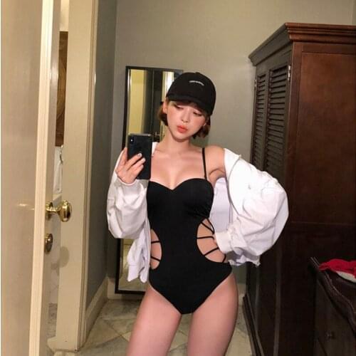 2021 Korean Version Strap Waist Cutout Swimsuit Black Sling Waist Hollow Sexy High Waist One-piece Bikini Swimsuit