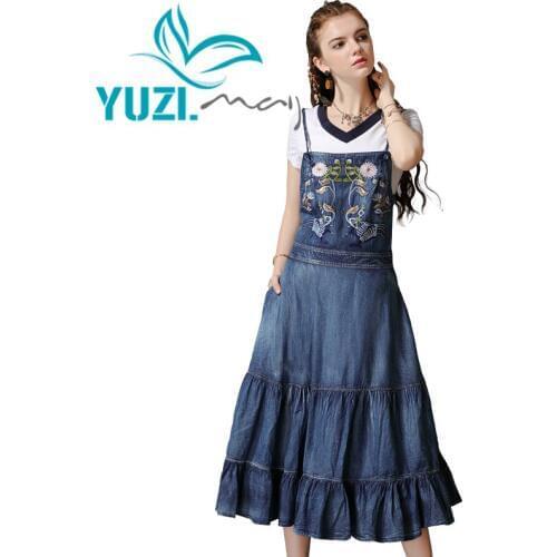 Summer Dress 2019 Yuzi.may Boho New Denim Women Dresses Flower Embroidery Suspender Strapless Vestido A82155 Vestidos