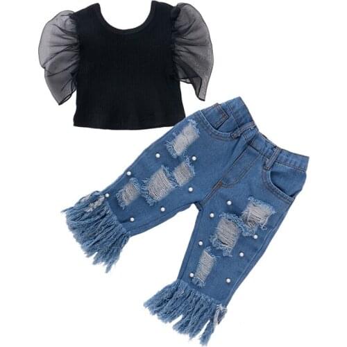 Fashion Summer Kids Baby Girls Clothes Sets 2pcs Puff Short Sleeve Blouse Tops+Pearls Holes Denim Long Pants Jeans 0-5Y