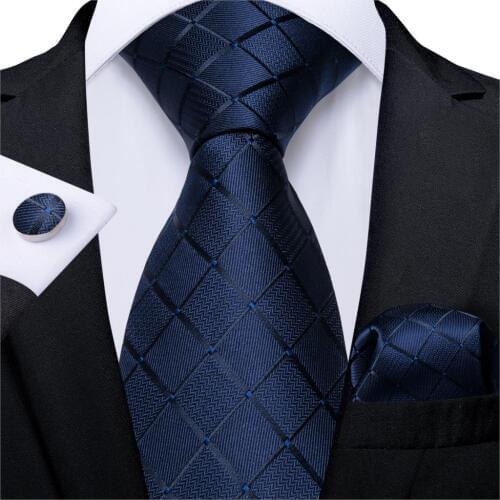 Men Necktie Blue Solid Plaid Silk Wedding Tie For Men Handkerchief Cufflinks Set Fashion Business Party DiBanGu Designer MJ-1656