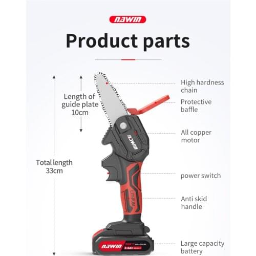 NAWIN 4 Inch 20V Mini Electric Chain Saw With Lithium Battery Rechargeable One-handed Woodworking Pruning Garden Tool