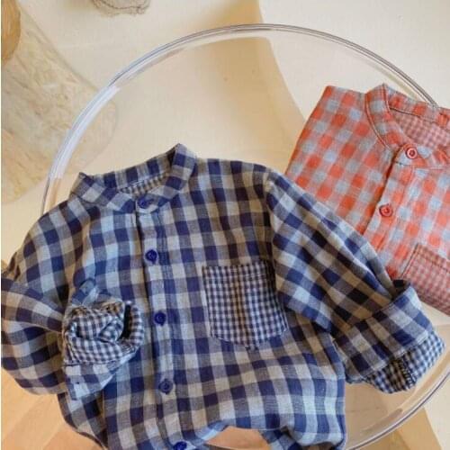 2021 new girls boys plaid shirt cotton linen full sleeve autumn kids top