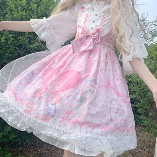 Japanese Style Victorian Sweet Lolita Jsk Dress Daily Summer Kawaii Cartoon Print Sleeveless Sling Dresses Fairy Cosplay Costume