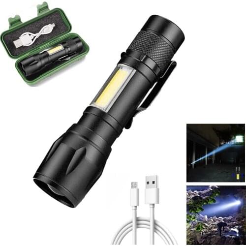 Portable Mini Flashlight COB Side Light Zoom Waterproof USB Charging Flashlight with Pen Holder Outdoor Travel Lighting Tools