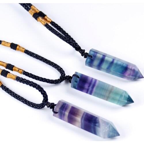 Natural Crystal Rainbow Fluorite single point hexagonal prism Pendant Stripe crystal fluorite Necklace health energy stone