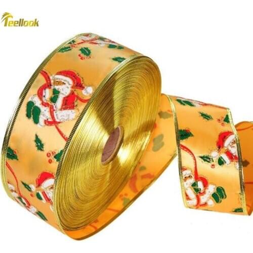 Teellook Christmas decoration ribbon 6.3cmx20m gold Santa Claus print pattern Christmas ribbon